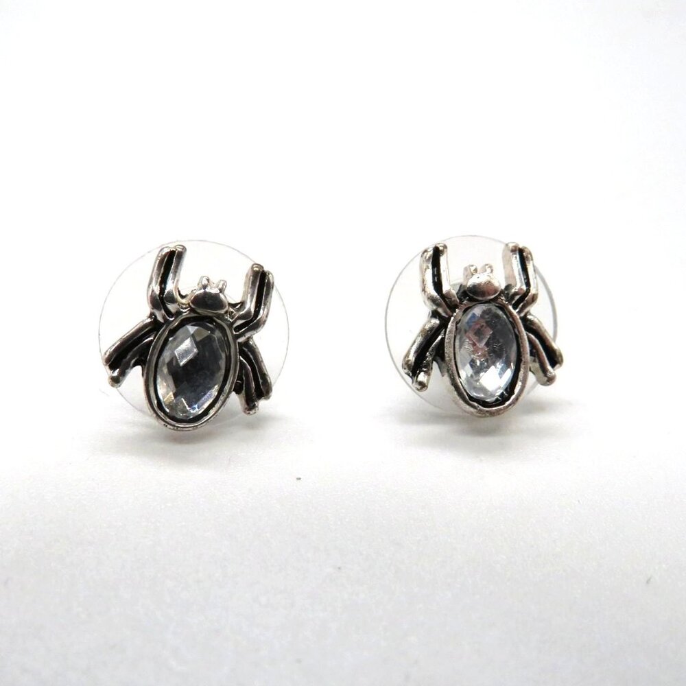 Spider Shaped Earrings Silver Tone Pierced Stud Clear Rhinestone Center‎